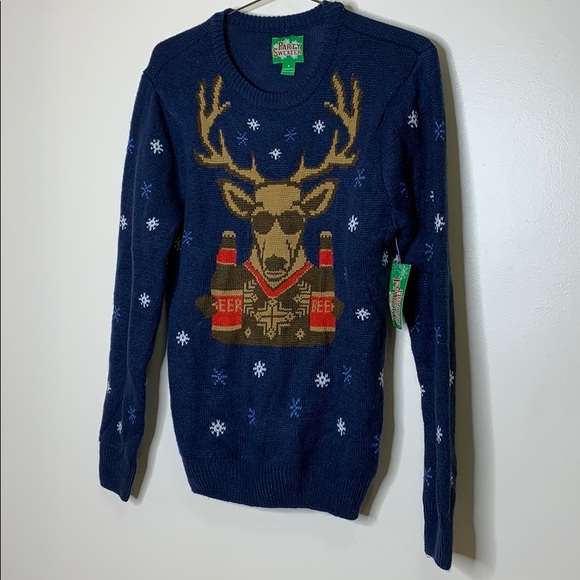 Kohl’s | Christmas Sweater Navy Blue Deer Two Beers Holiday Sweater Unisex NWT S - Picture 9 of 10